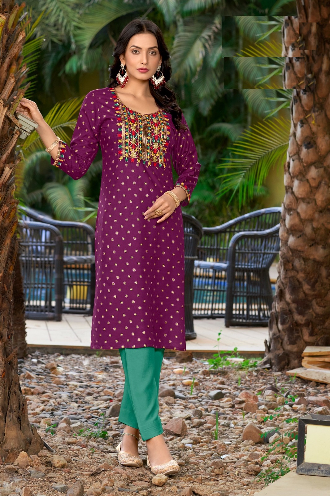 Rayon gold print with embroidery work with lace Kurtis for online sale