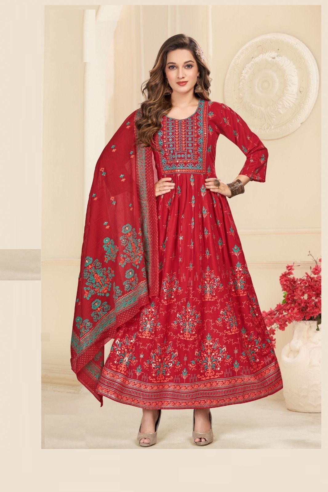 New launching Heavy Rayon Foil Prints with Neck Embroidery and Dupatta set for women