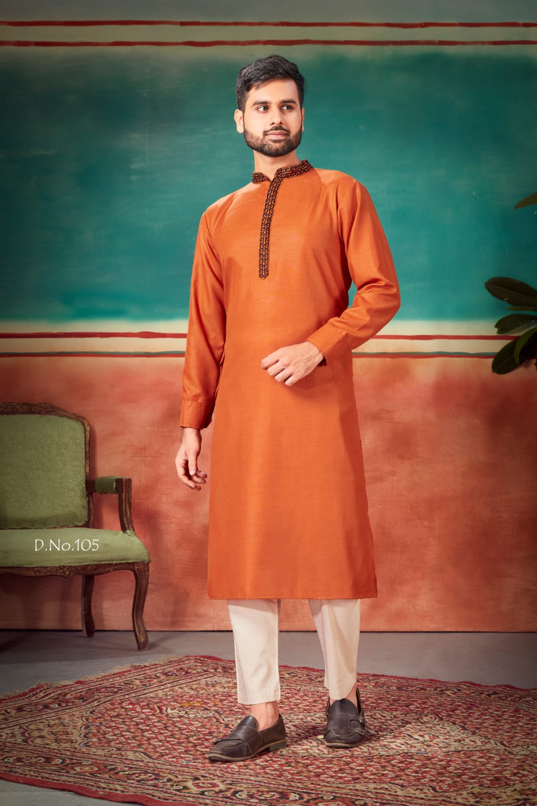New Fancy Cotton Silk Weaving Stripe and Pocket with Embroidery stitched kurta for mens