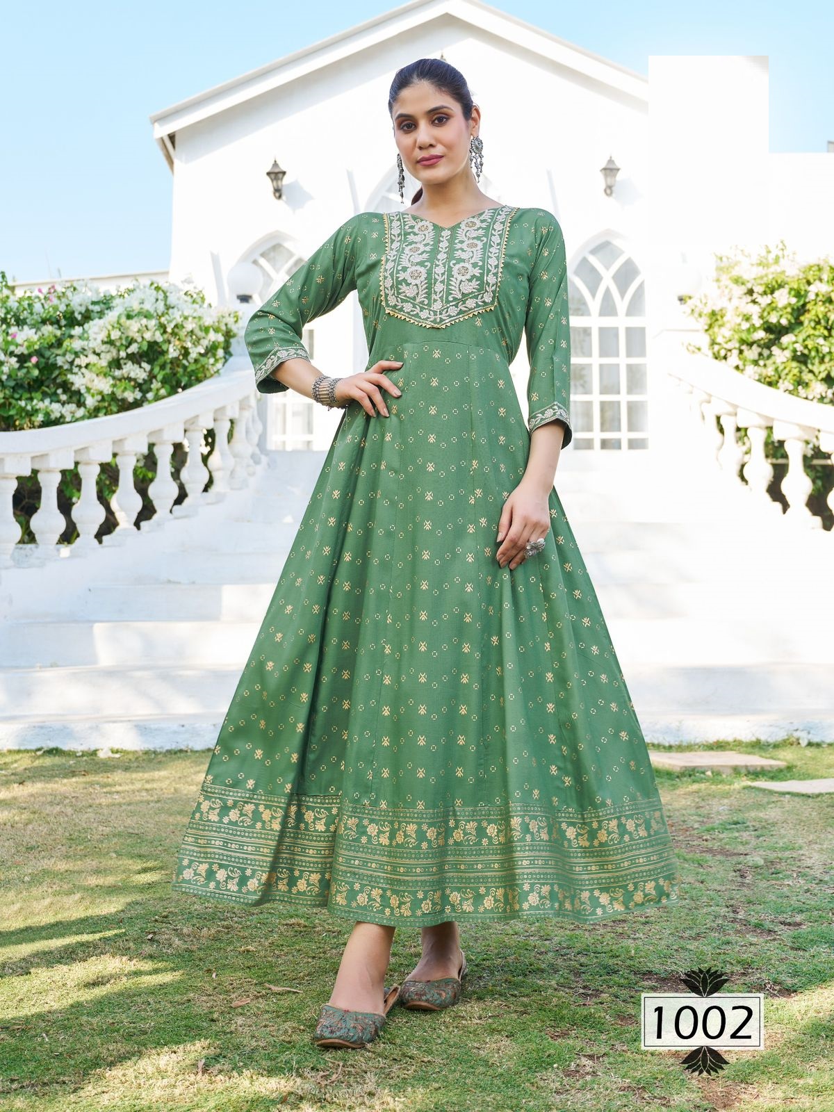 New 14kg rayon foil print anarkali gown with neck embroidery collection for online sale