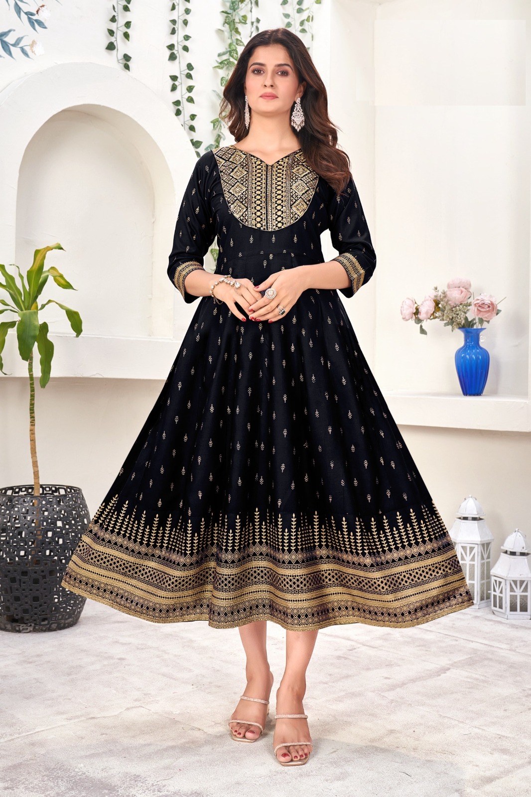 New 14kg rayon foil print anarkali gown with neck embroidery and sequence collection for women