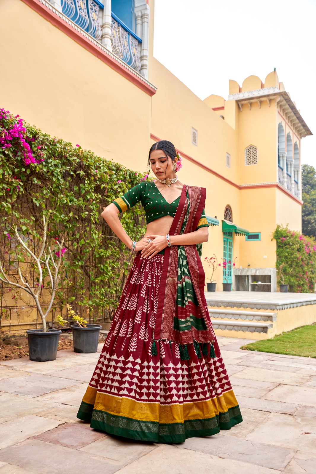New tussar silk with Print and foil work and stitched with attached Can Can Lehenga Choli collection for online sale