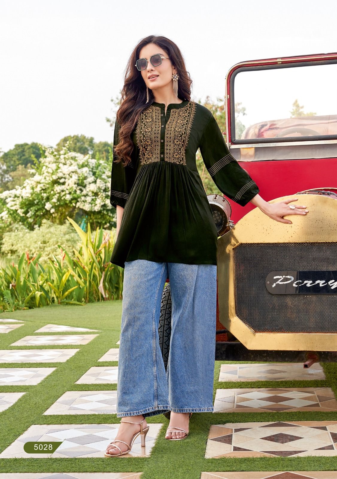 Newly launched Wrinkle rayon with embroidery and handwork top for online sale