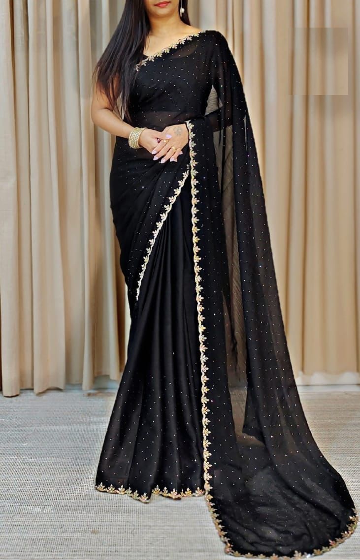 New launch chiffon Georgette with Beautiful stonework at the border and cut work sari for women