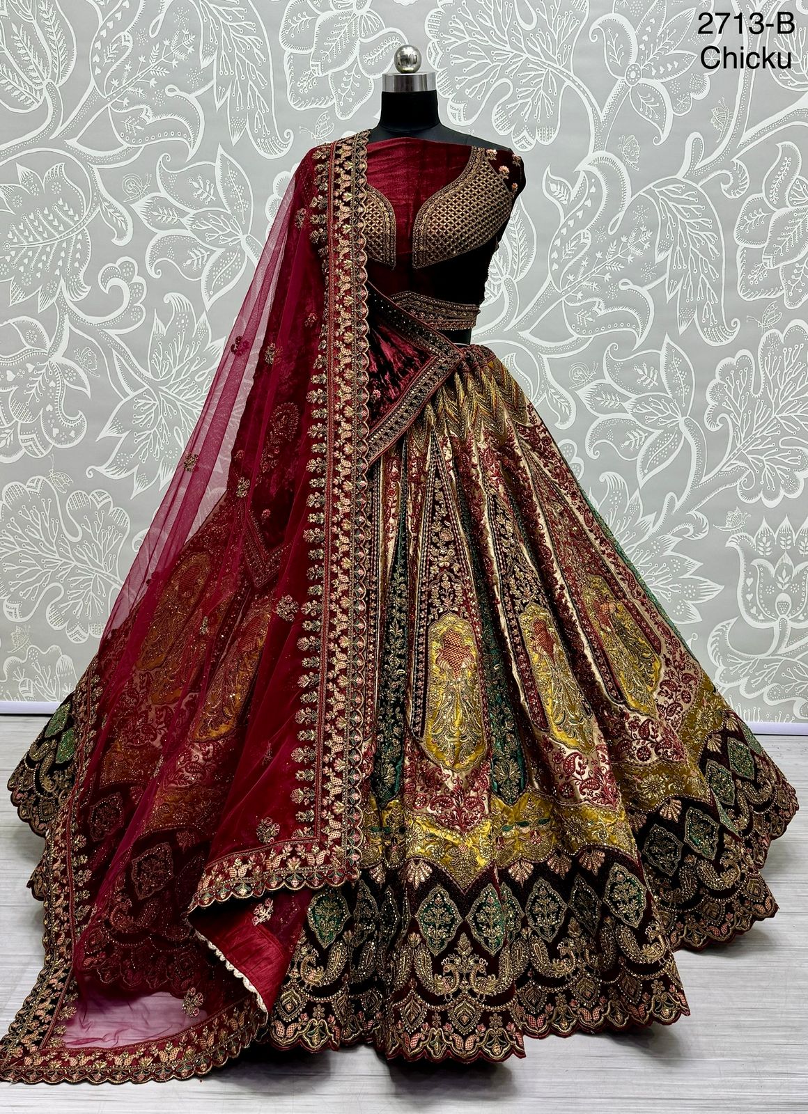 New heavy velvet patchwork attached with Dori Embroidered, Multi thread, and diamond work designer bridal Lehenga choli for online sale