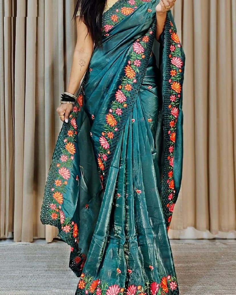 New launch pure gold crush fabric with multi-embroidery and cutting borders work sari for women