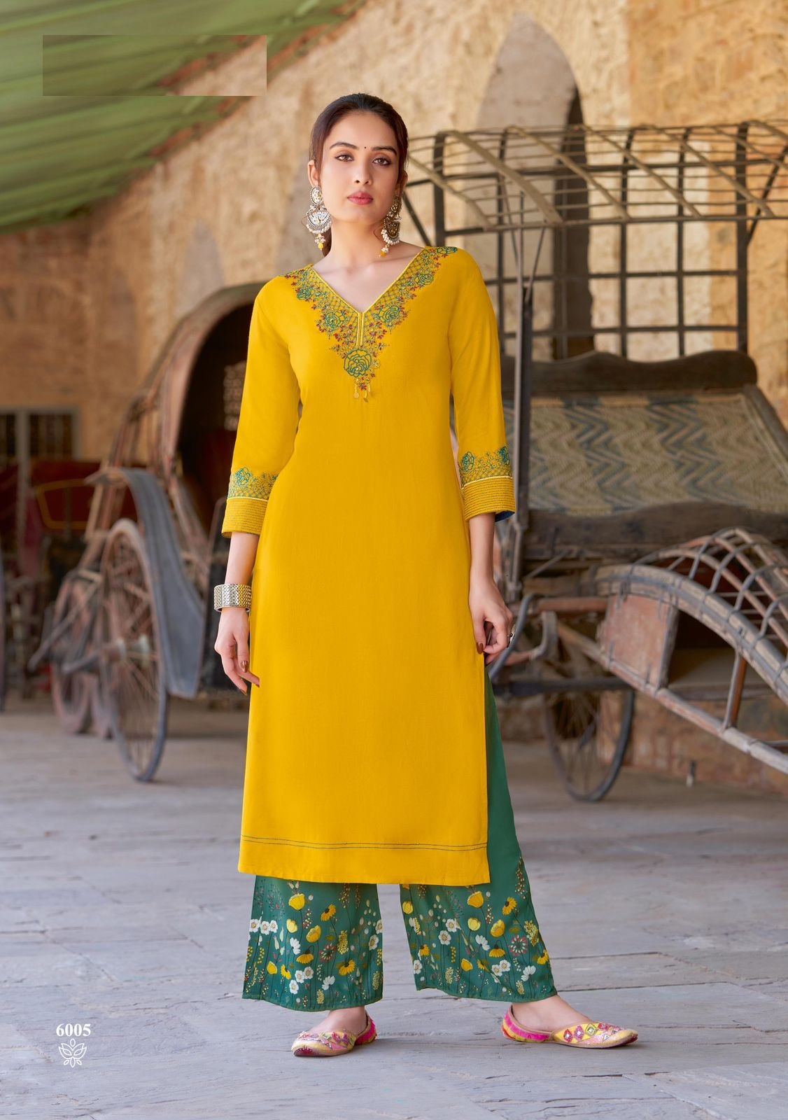 Heavy Rayon with Embroidery and Handwork with rayon print Kurtis set for women