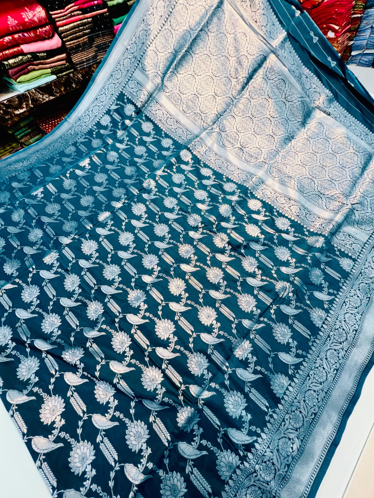 New beautiful pure silk with silver jari sari for online sale