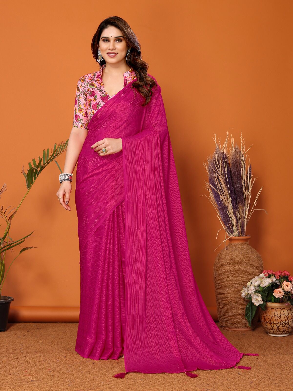 Beautiful plain polyester zari silk with kalamkari digital print blouse sari for women