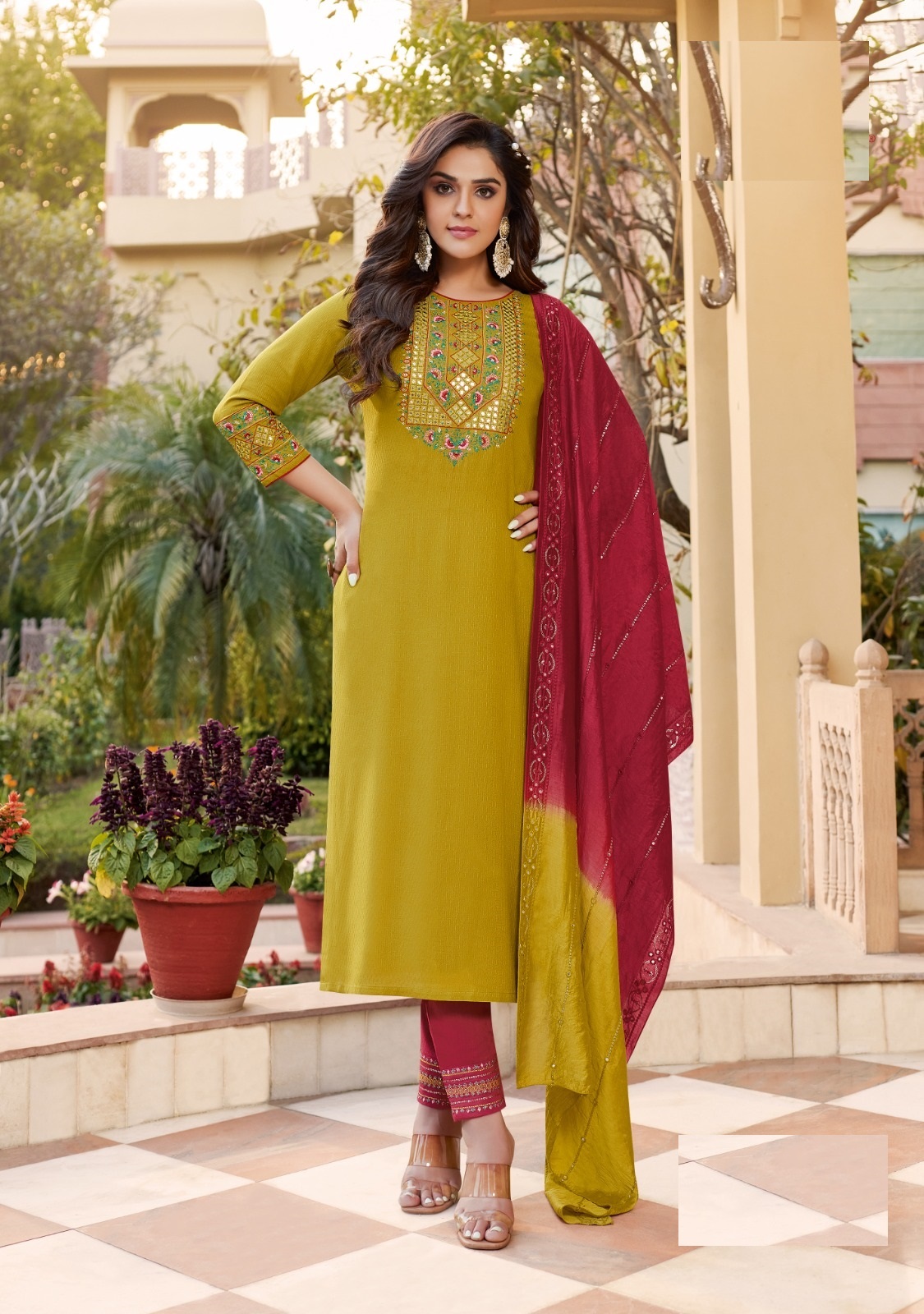 Pure Rayon Weaving With Heavy Embroidery Mirror work and Pure Chandelier Dupatta Kurtis set for women