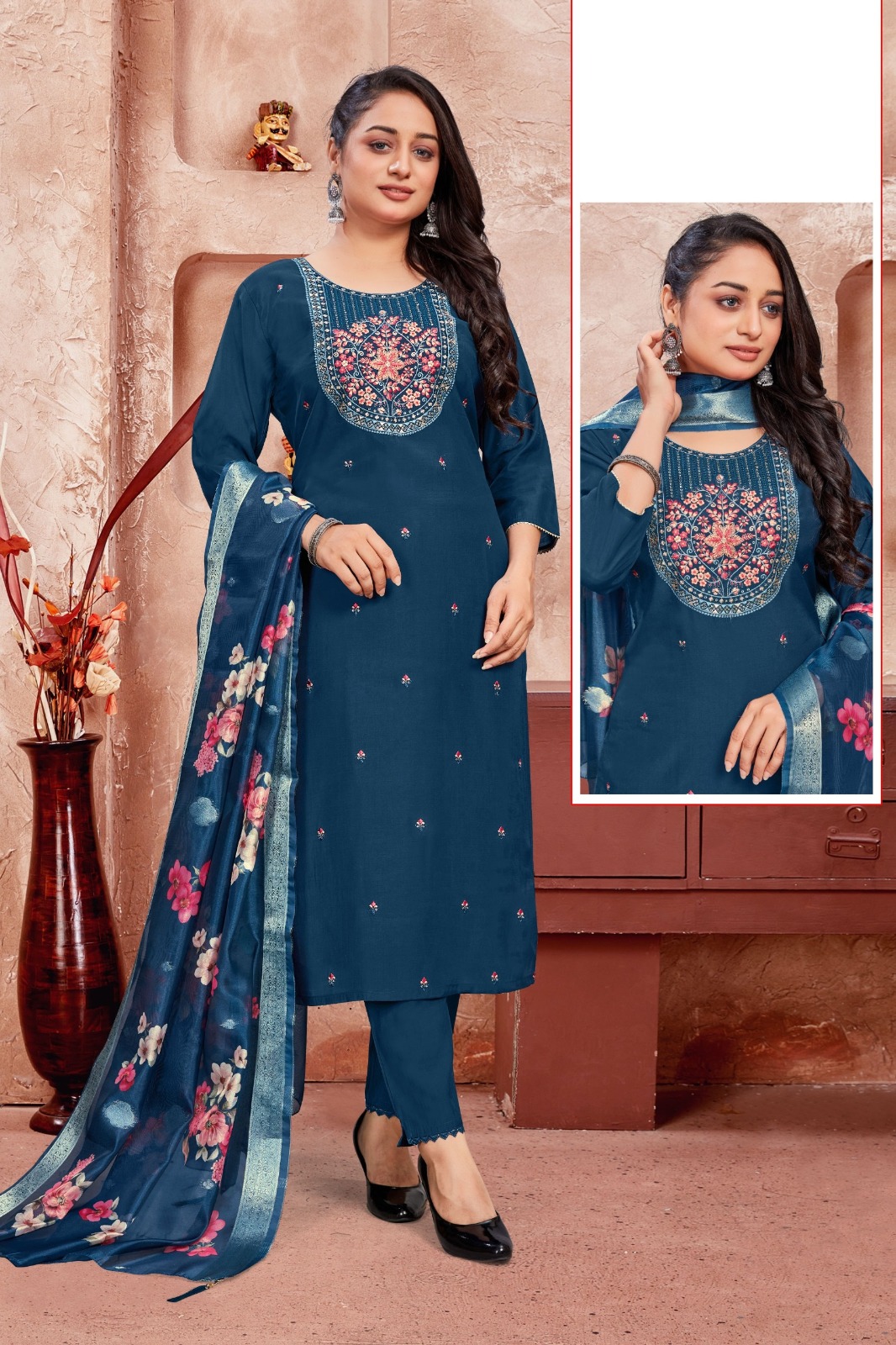 New Online Sale Pure Silk Kurtis Set with Beautiful Embroidery Work and Organza Jequrd Digital Dupatta for women