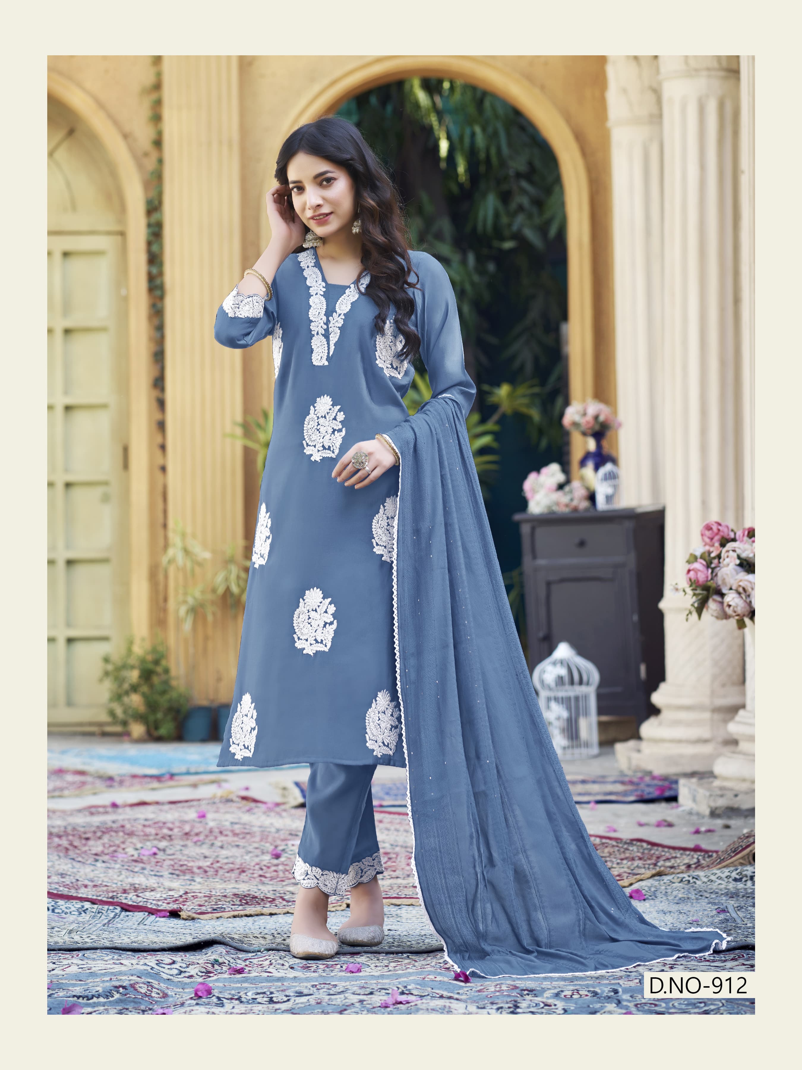 Premium pure Viscose Roman with cording with thread work and soft muslin dupatta Kurtis set for online sale