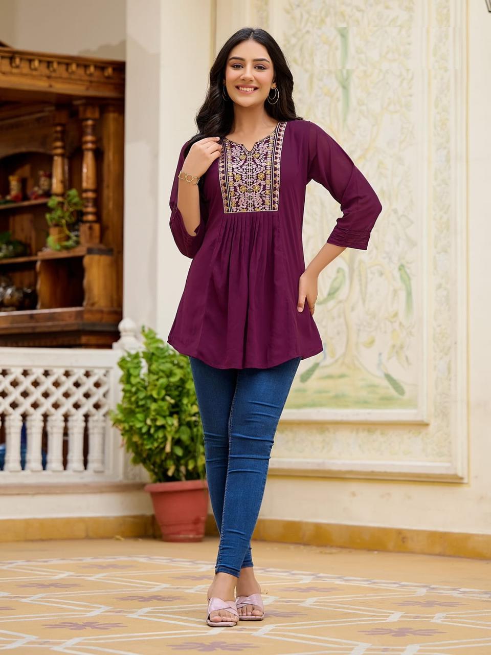 Heavy Georgette with embroidery work short tops for office and regular wear