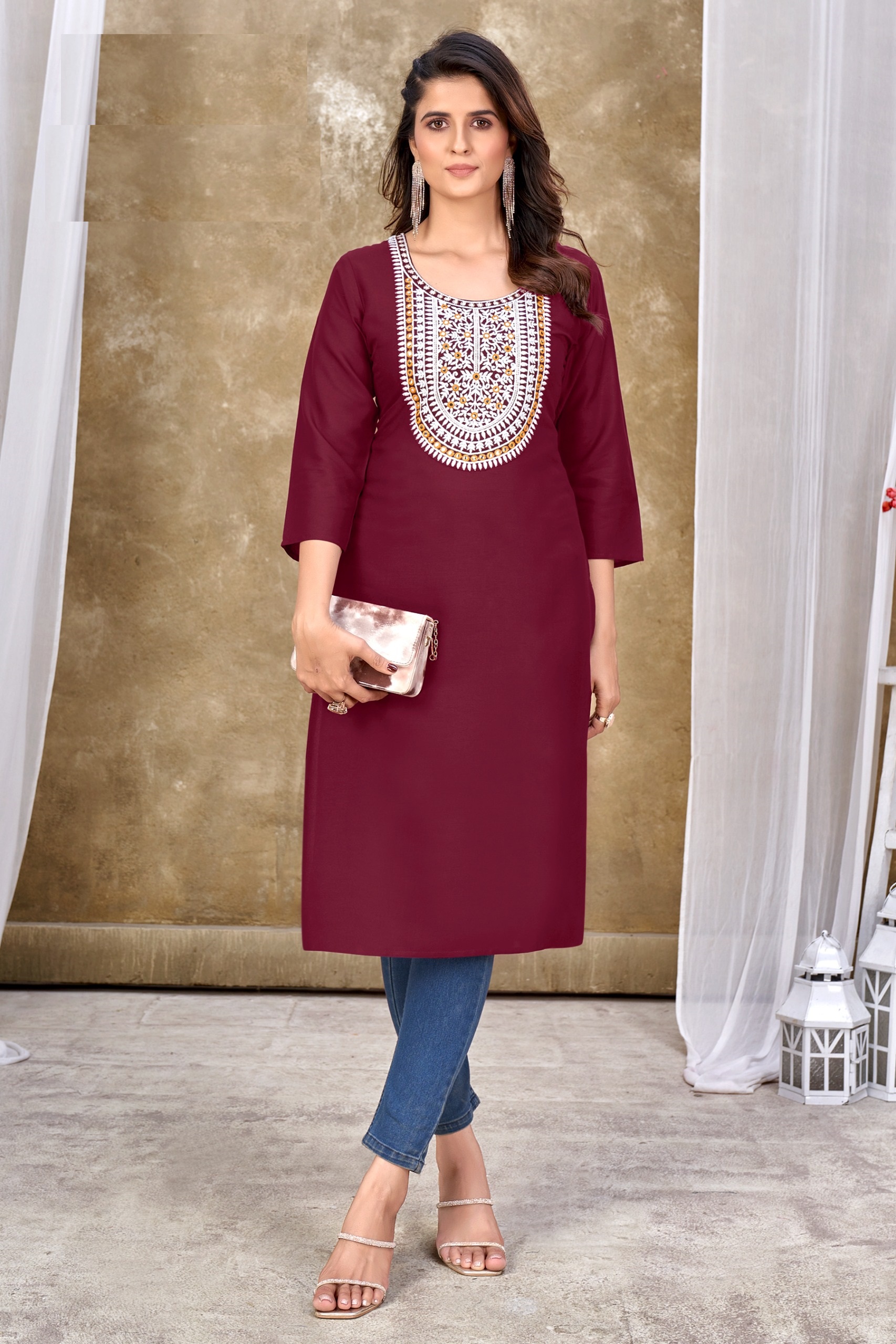 14kg rayon and embroidery with mirror work Kurtis for women