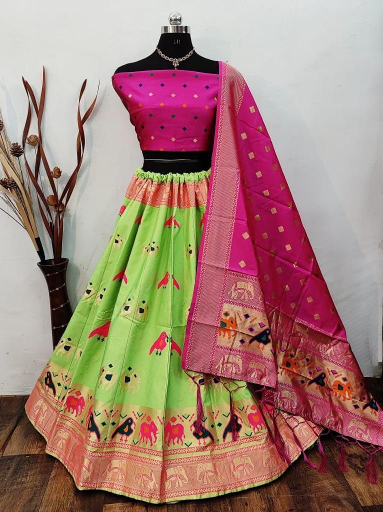 Brocade Fabric Banarasi Silk Dupatta Lehenga Choli Collection with Cancan and Pure Silk Blouse for Adults Online Sale